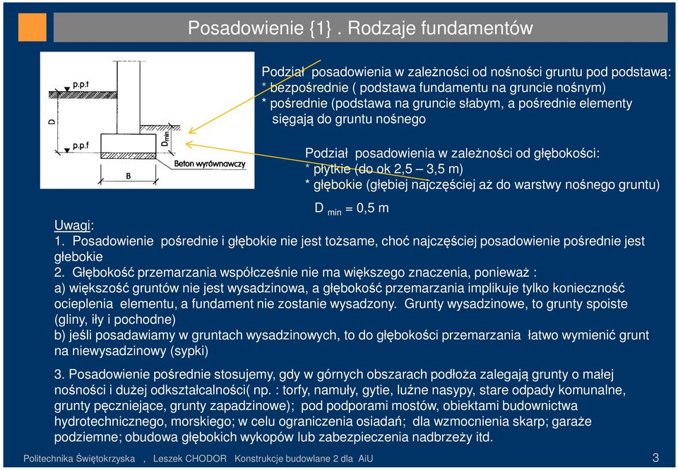 elementy sięgają do gruntu nośnego Podział posadowienia w zależności od głębokości: * płytkie (do ok 2,5 3,5 m) * głębokie (głębiej najczęściej aż do warstwy nośnego gruntu) D min = 0,5 m Uwagi: 1.