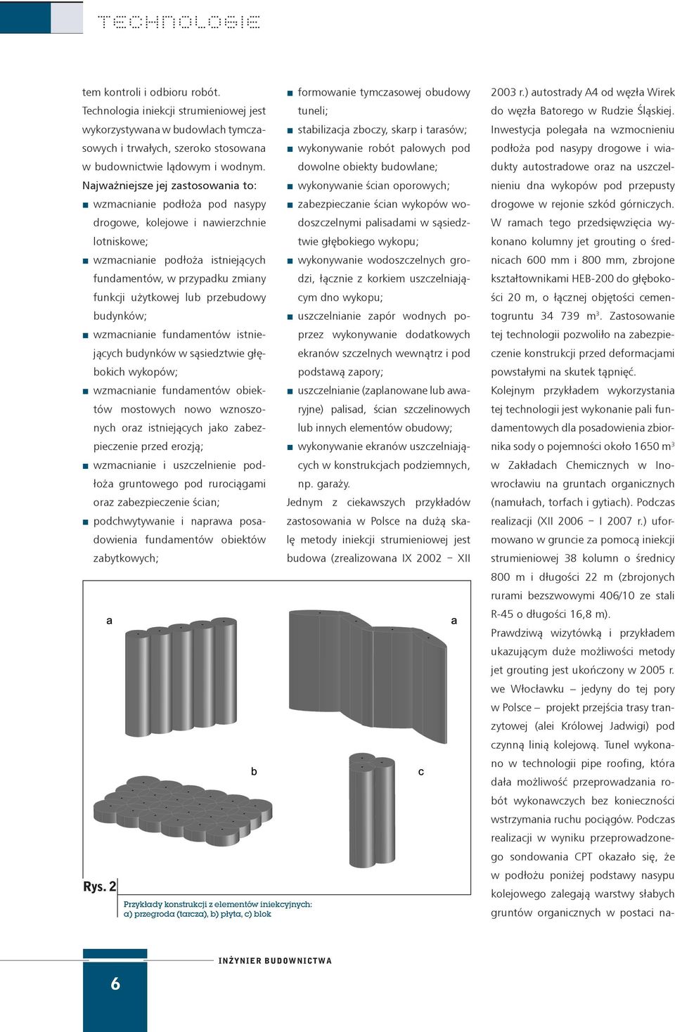 przebudowy budynków; wzmacnianie fundamentów istniejących budynków w sąsiedztwie głębokich wykopów; wzmacnianie fundamentów obiektów mostowych nowo wznoszonych oraz istniejących jako zabezpieczenie