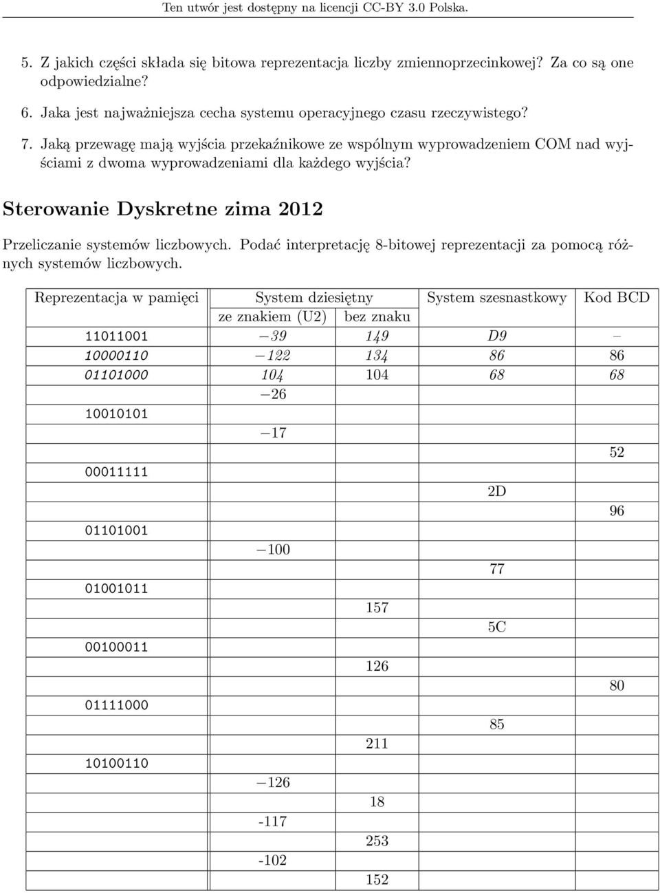 Sterowanie Dyskretne zima 2012 Przeliczanie systemów liczbowych. Podać interpretację 8-bitowej reprezentacji za pomocą różnych systemów liczbowych.