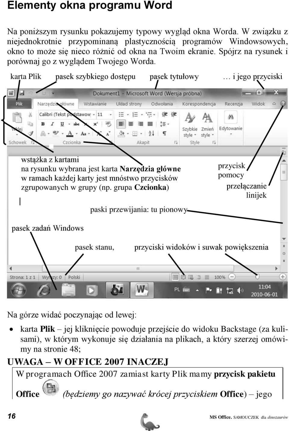 karta Plik pasek szybkiego dostępu pasek tytułowy i jego przyciski wstążka z kartami na rysunku wybrana jest karta Narzędzia główne w ramach każdej karty jest mnóstwo przycisków zgrupowanych w grupy