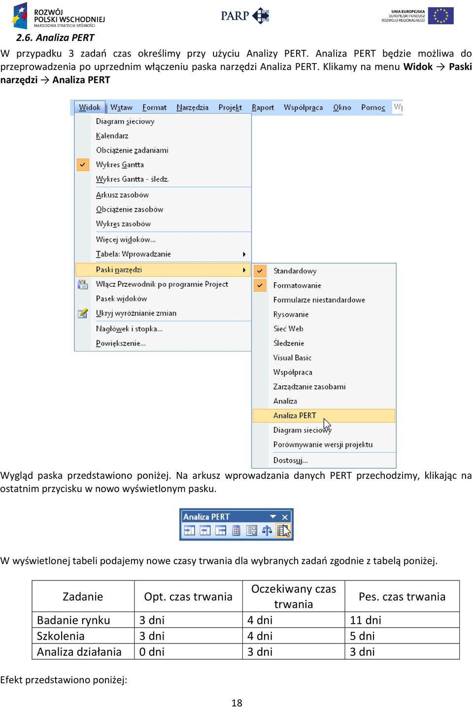 Klikamy na menu Widok Paski narzędzi Analiza PERT Wygląd paska przedstawiono poniżej.