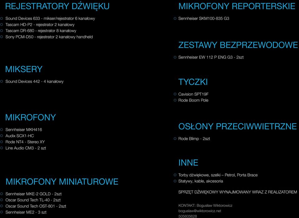 MKH416 Audix SCX1-HC Rode NT4 - Stereo XY Line Audio CM3-2 szt OSŁONY PRZECIWWIETRZNE Rode Blimp - 2szt INNE MIKROFONY MINIATUROWE Sennheiser MKE-2 GOLD - 2szt Oscar Sound Tech TL-40-2szt Oscar Sound