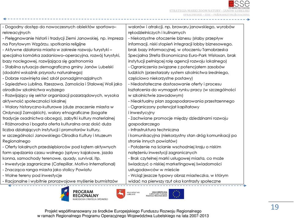 gastronomia - Stabilna sytuacja demograficzna gminy Janów Lubelski (dodatni wskaźnik przyrostu naturalnego) - Dobrze rozwinięta sieć szkół ponadgimnazjalnych - Sąsiedztwo Lublina, Rzeszowa, Zamościa