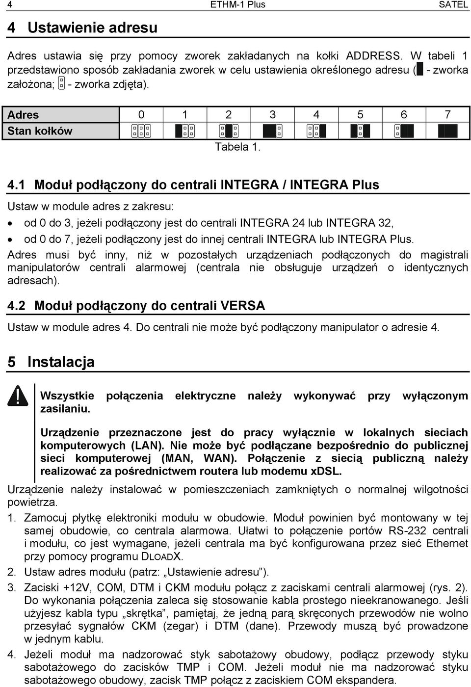 5 6 7 Stan kołków Tabela 1. 4.