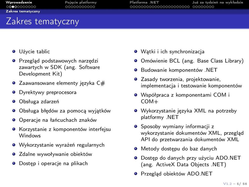 Windows Wykorzystanie wyrażeń regularnych Zdalne wywoływanie obiektów Dostęp i operacje na plikach Wątki i ich synchronizacja Omówienie BCL (ang. Base Class Library) Budowanie komponentów.