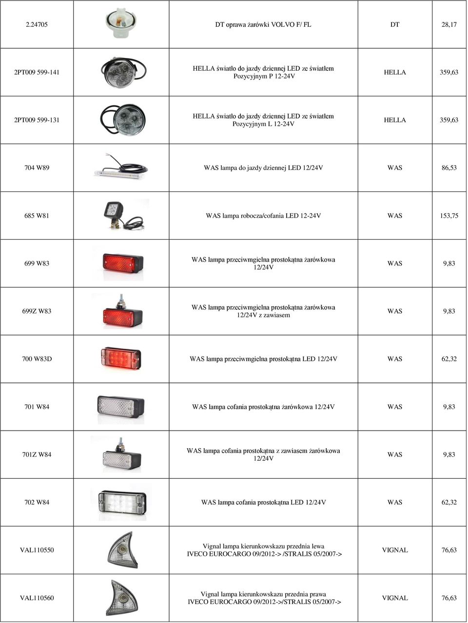 żarówkowa 12/24V WAS 9,83 699Z W83 WAS lampa przeciwmgielna prostokątna żarówkowa 12/24V z zawiasem WAS 9,83 700 W83D WAS lampa przeciwmgielna prostokątna LED 12/24V WAS 62,32 701 W84 WAS lampa