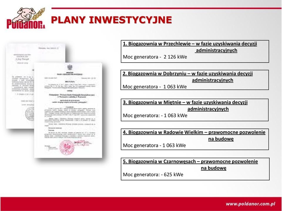 Biogazownia w Miętnie w fazie uzyskiwania decyzji administracyjnych Moc generatora: - 1 063 kwe 4.