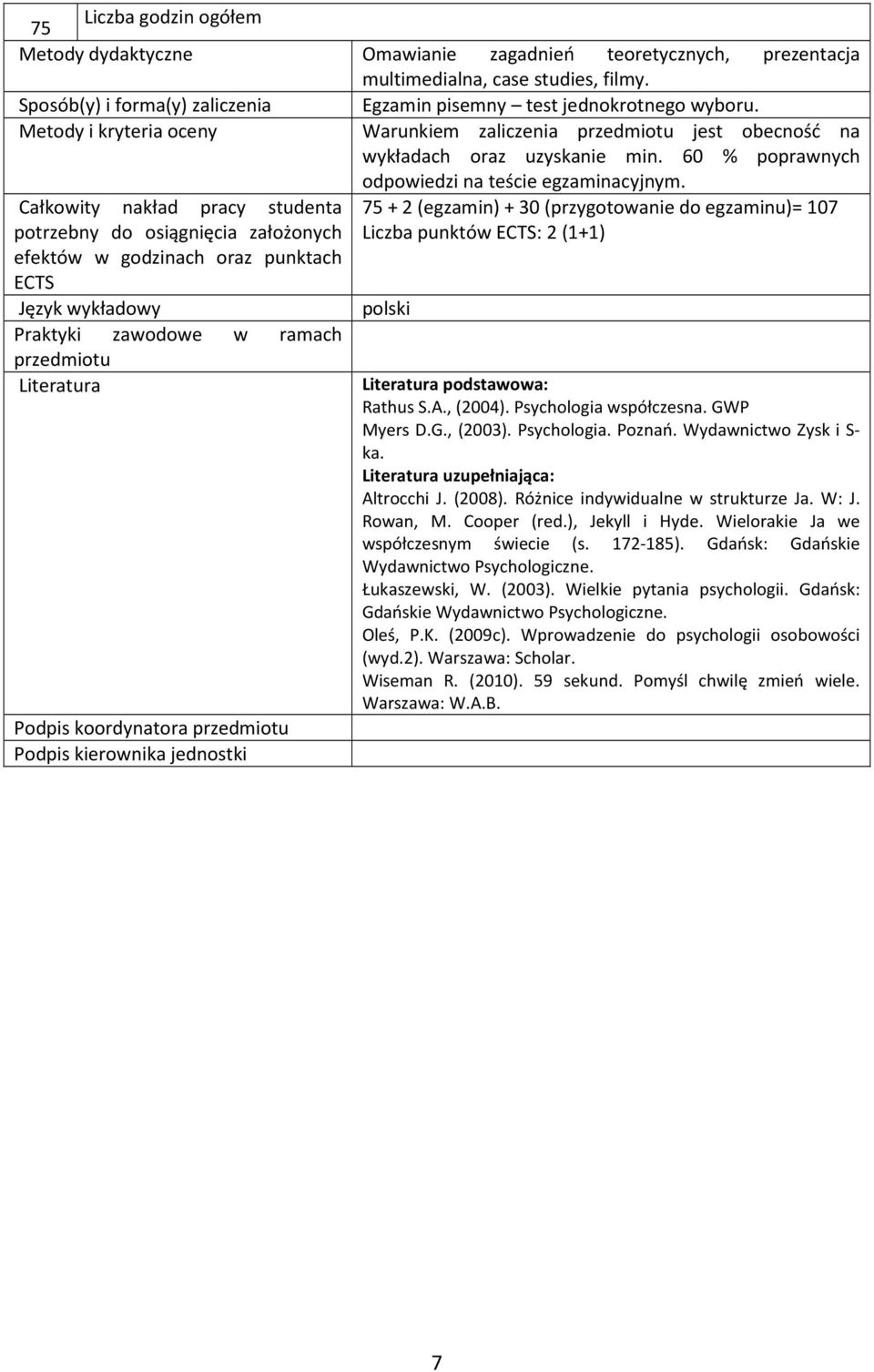 case studies, filmy. Egzamin pisemny test jednokrotnego wyboru. Warunkiem zaliczenia przedmiotu jest obecność na wykładach oraz uzyskanie min. 60 % poprawnych odpowiedzi na teście egzaminacyjnym.