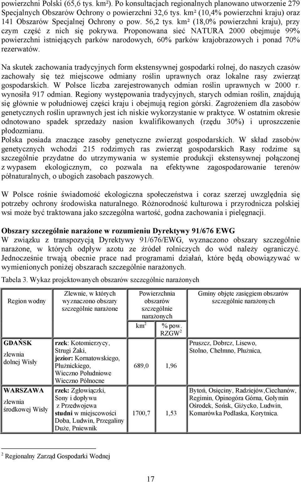 Proponowana sieć NATURA 2000 obejmuje 99% powierzchni istniejących parków narodowych, 60% parków krajobrazowych i ponad 70% rezerwatów.