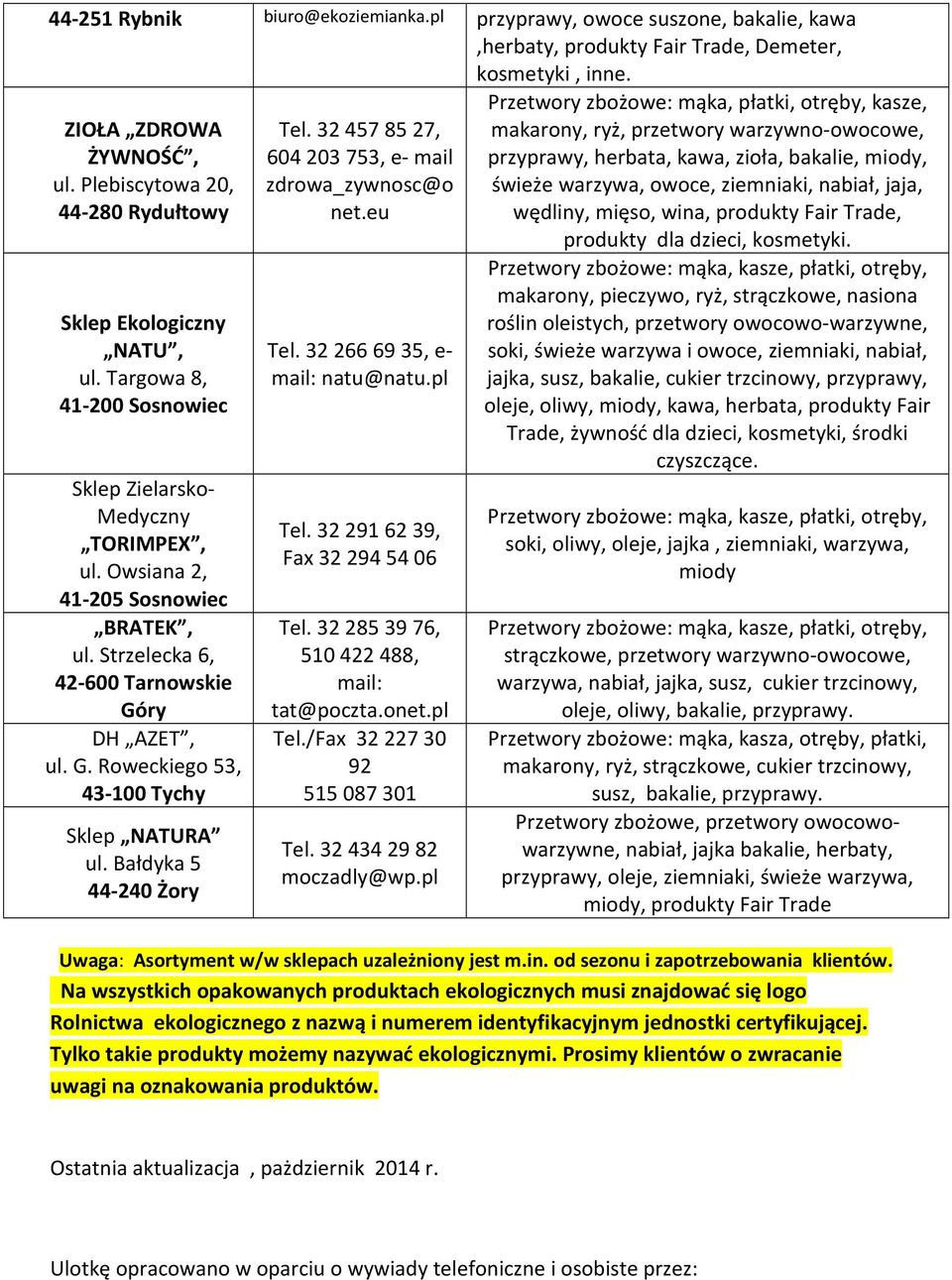 Strzelecka 6, 42-600 Tarnowskie Góry DH AZET, ul. G. Roweckiego 53, 43-100 Tychy Sklep NATURA ul. Bałdyka 5 44-240 Żory Tel. 32 457 85 27, 604 203 753, e- mail zdrowa_zywnosc@o net.eu Tel.