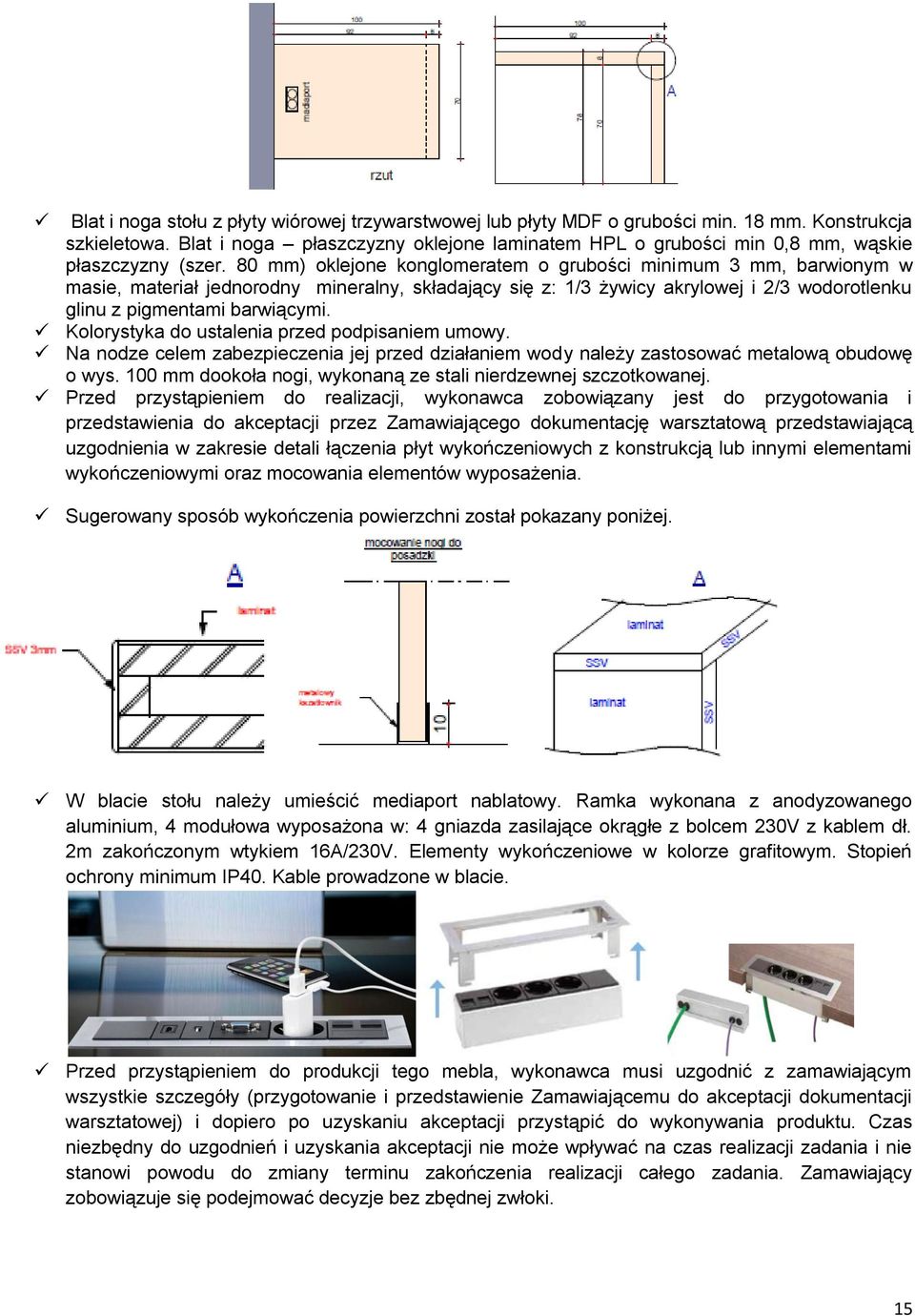 80 mm) oklejone konglomeratem o grubości minimum 3 mm, barwionym w masie, materiał jednorodny mineralny, składający się z: 1/3 żywicy akrylowej i 2/3 wodorotlenku glinu z pigmentami barwiącymi.