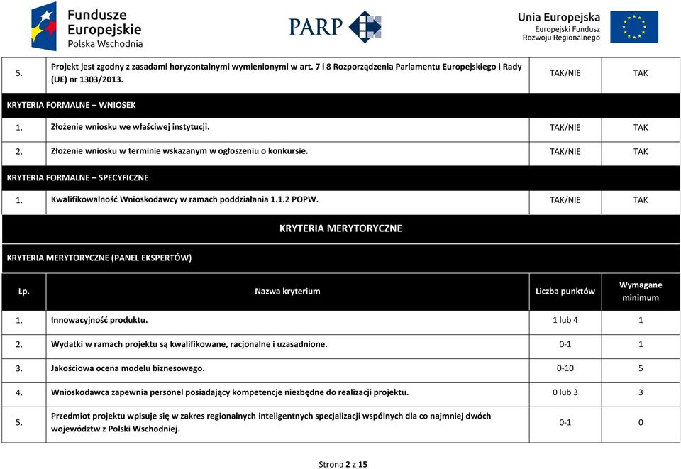 Kwalifikowalność Wnioskodawcy w ramach poddziałania 1.1.2 POPW. /NIE KRYTERIA MERYTORYCZNE KRYTERIA MERYTORYCZNE (PANEL EKSPERTÓW) Lp. Nazwa kryterium Liczba punktów Wymagane minimum 1.