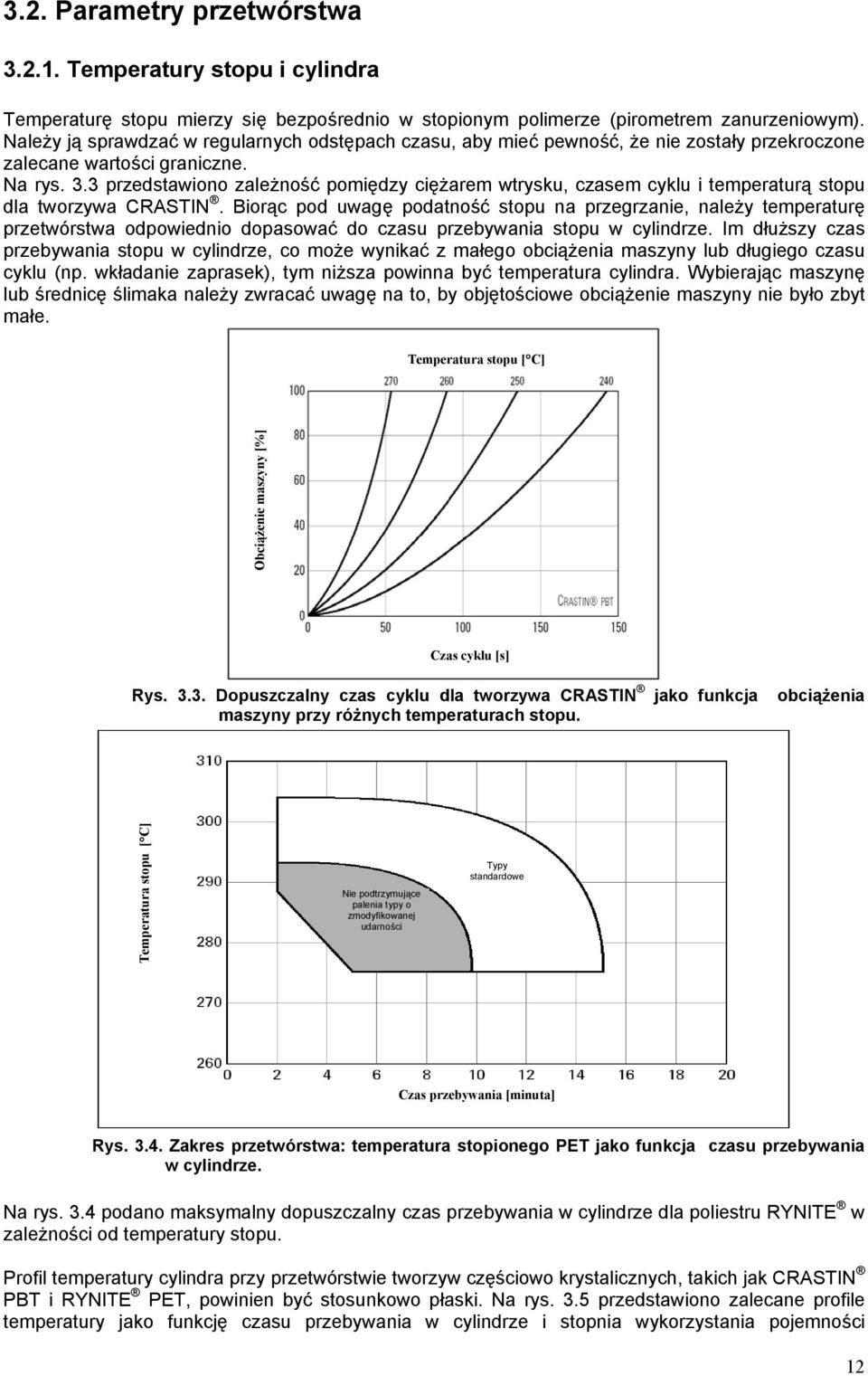 3 przedstawiono zależność pomiędzy ciężarem wtrysku, czasem cyklu i temperaturą stopu dla tworzywa CRASTIN.