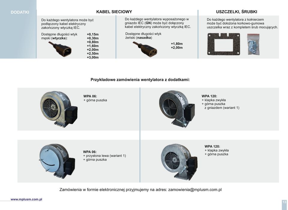 Dostępne długości wtyk męski (wtyczka): Dostępne długości wtyk żeński (nasadka) +0,15m +0,30m +0,80m +1,60m +2,00m +2,m +3,00m Do każdego wentylatora z kołnierzem może być dołożona korkowogumowa