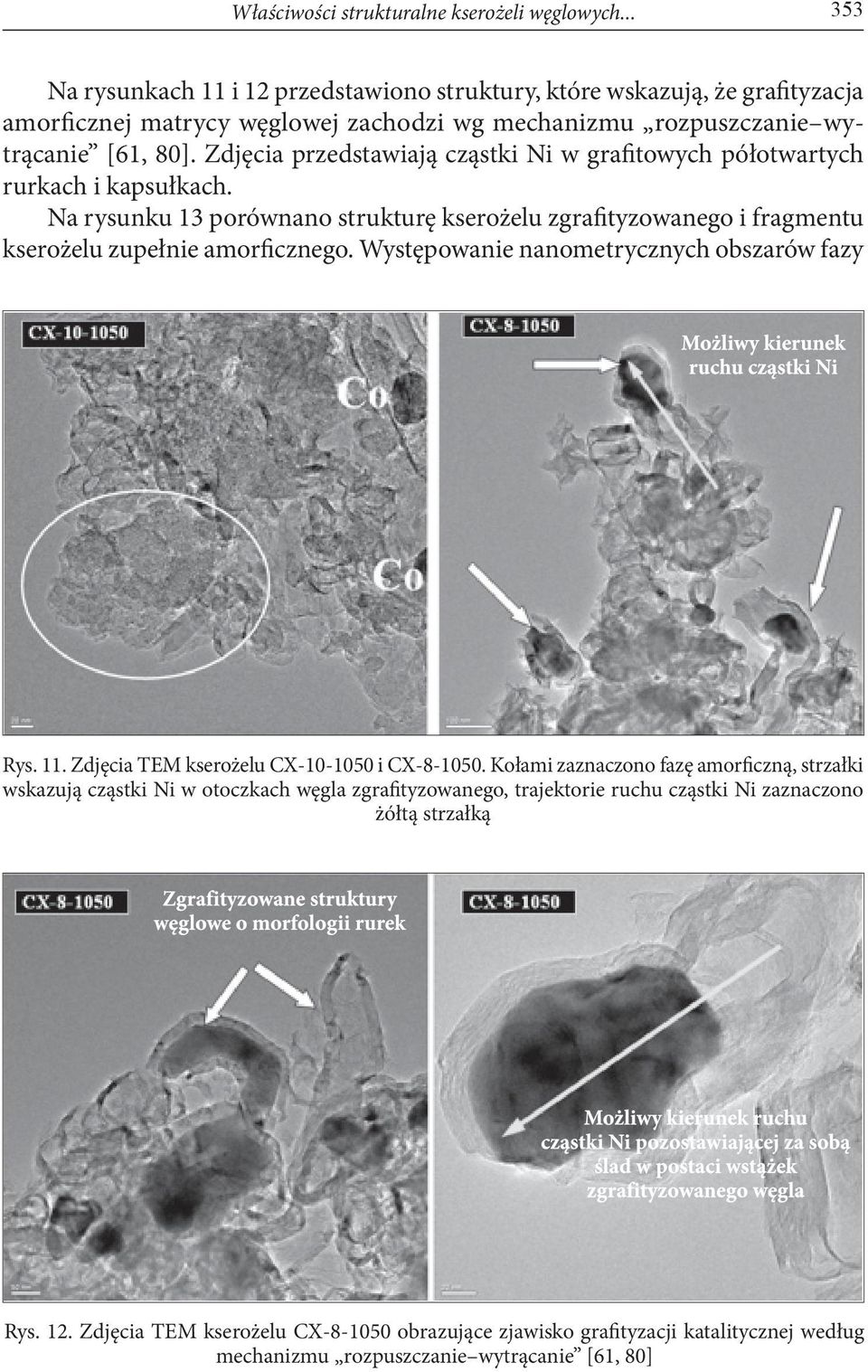 Zdjęcia przedstawiają cząstki Ni w grafitowych półotwartych rurkach i kapsułkach. Na rysunku 13 porównano strukturę kserożelu zgrafityzowanego i fragmentu kserożelu zupełnie amorficznego.