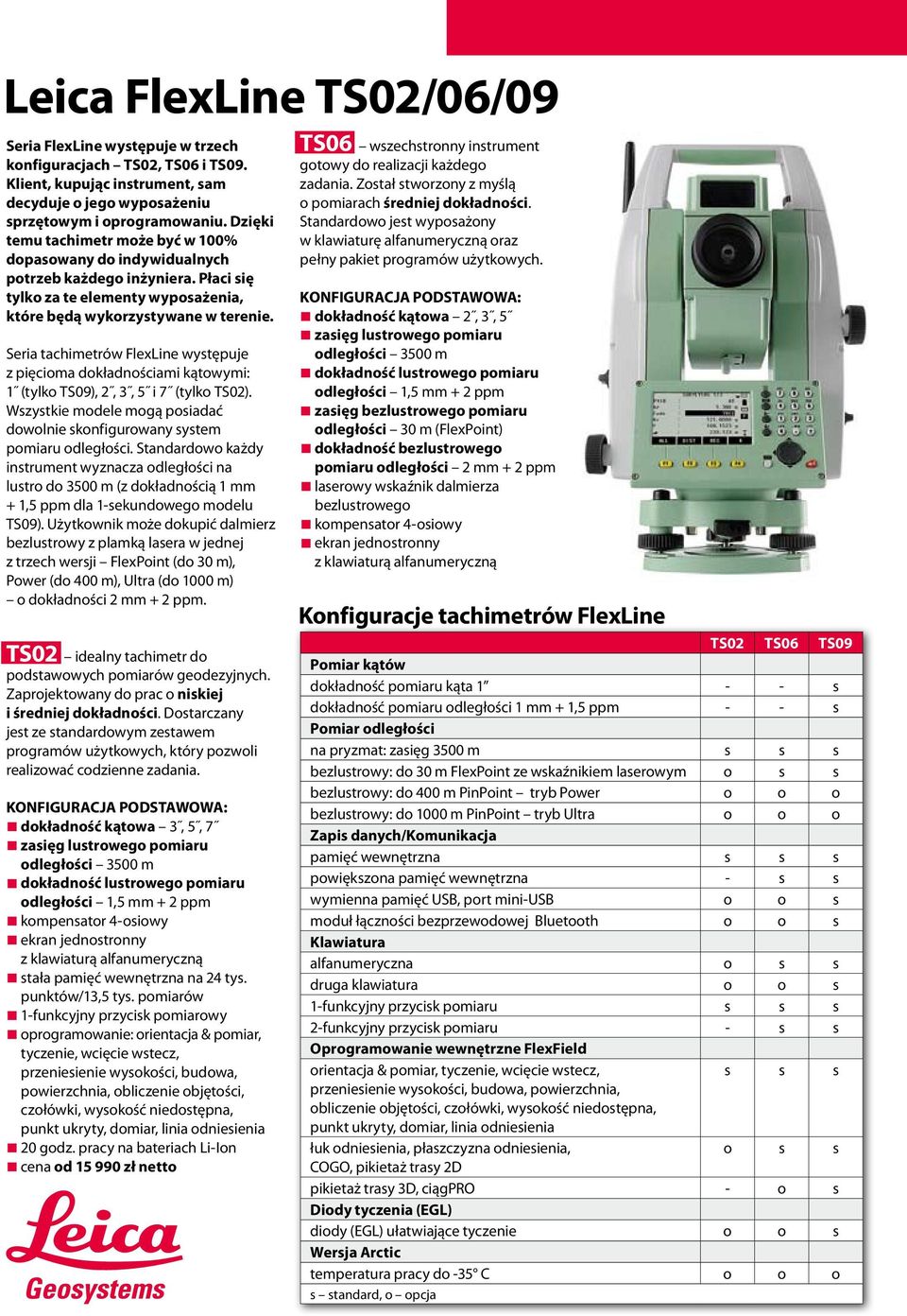 Seria tachimetrów FlexLine występuje z pięcioma dokładnościami kątowymi: 1 (tylko TS09), 2, 3, 5 i 7 (tylko TS02). Wszystkie modele mogą posiadać dowolnie skonfigurowany system pomiaru odległości.