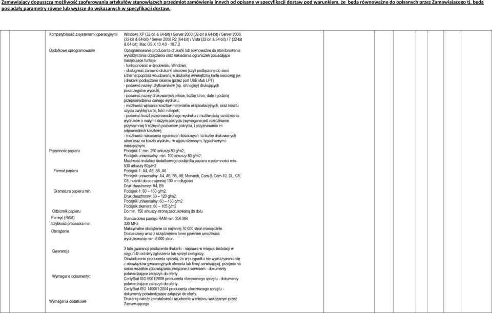 2 Dodatkowe oprogramowanie Oprogramowanie producenta drukarki lub równowaŝne do monitorowania wykorzystania urządzenia oraz nakładania ograniczeń posiadające następujące funkcje: - funkcjonować w