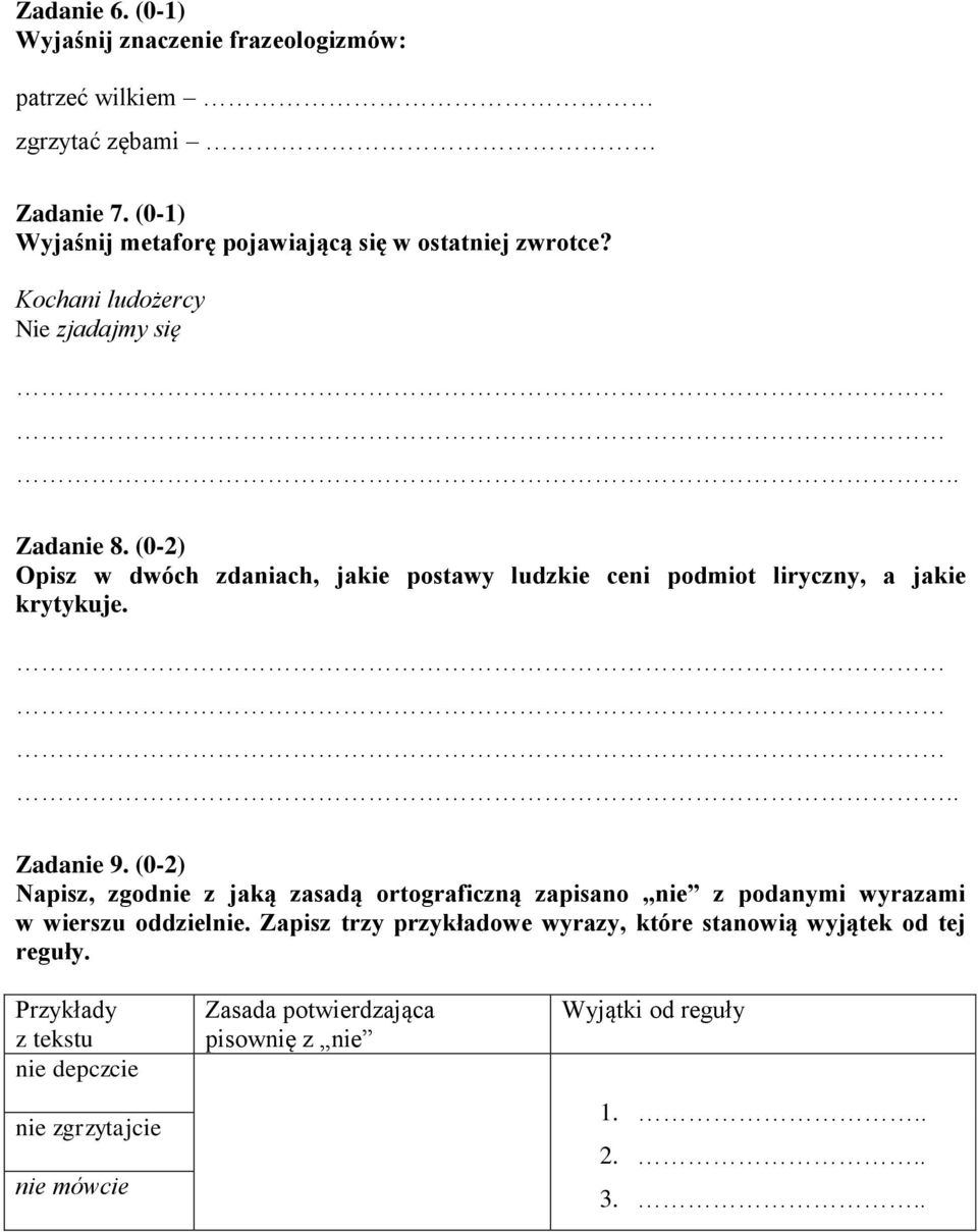 (0-2) Opisz w dwóch zdaniach, jakie postawy ludzkie ceni podmiot liryczny, a jakie krytykuje... Zadanie 9.