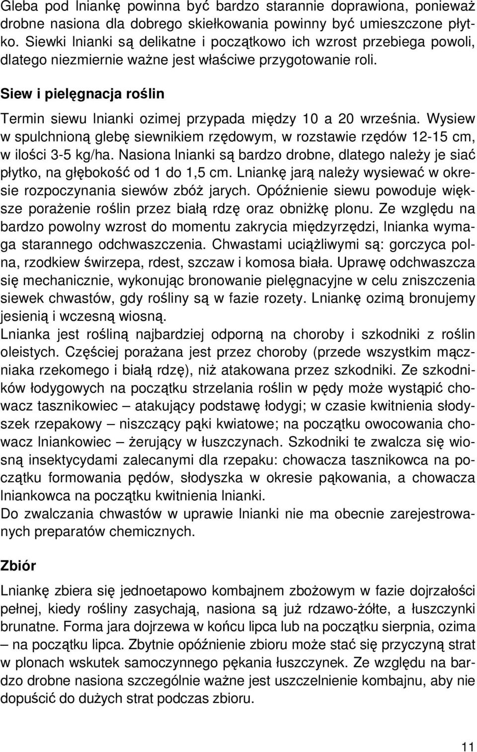 Siew i pielęgnacja roślin Termin siewu lnianki ozimej przypada między 10 a 20 września. Wysiew w spulchnioną glebę siewnikiem rzędowym, w rozstawie rzędów 12-15 cm, w ilości 3-5 kg/ha.