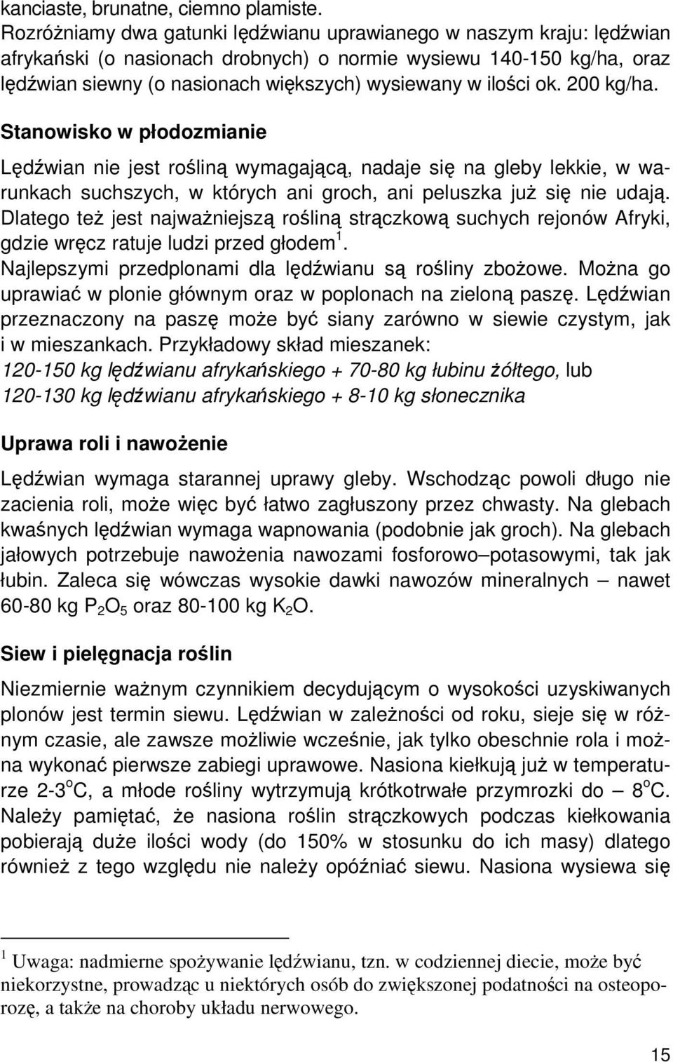 ilości ok. 200 kg/ha. Stanowisko w płodozmianie Lędźwian nie jest rośliną wymagającą, nadaje się na gleby lekkie, w warunkach suchszych, w których ani groch, ani peluszka już się nie udają.