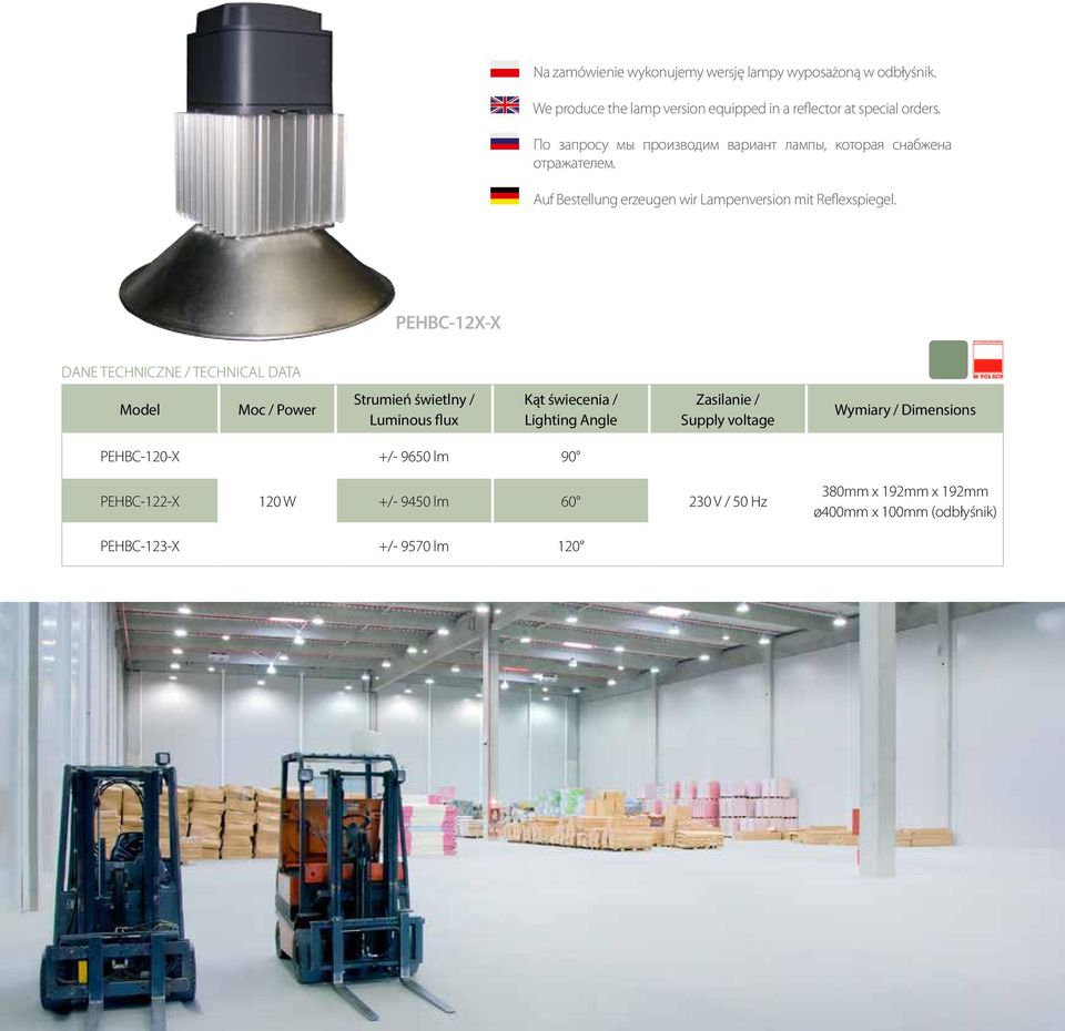 PEHBC-12X-X Model Moc / Power Strumień świetlny / Luminous flux Lighting Angle Supply voltage Wymiary / Dimensions PEHBC-120-X +/- 9650