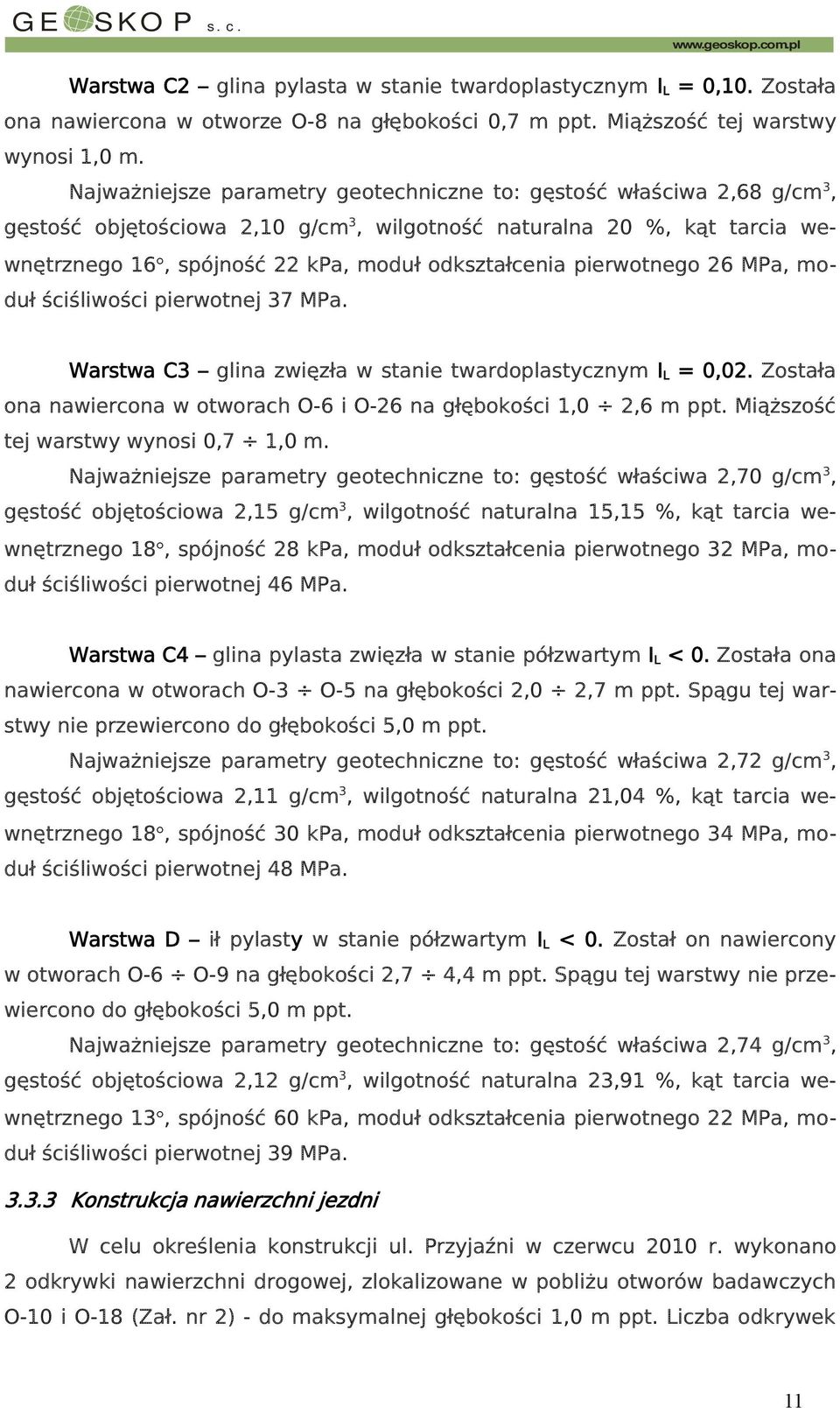 Najważniejsze parametry geotechniczne to: gęstość właściwa 2,68 g/cm 3, gęstość objętościowa 2,10 g/cm 3, wilgotność naturalna 20 %, kąt tarcia wewnętrznego 16, spójność 22 kpa, moduł odkształcenia