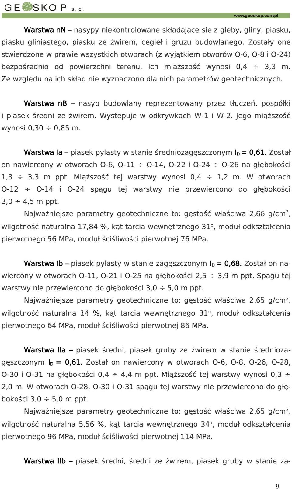 Ze względu na ich skład nie wyznaczono dla nich parametrów geotechnicznych. Warstwa nb nasyp budowlany reprezentowany przez tłuczeń, pospółki i piasek średni ze żwirem.