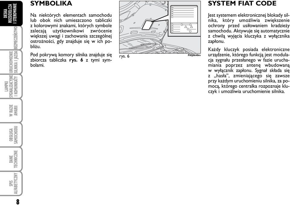 6 z tymi symbolami. rys. 6 F0Q0640m SYSTEM FIAT CODE Jest sys te mem elek tro nicz nej blo ka dy sil - ni ka, któ ry umoż li wia zwięk sze nie ochro ny przed usi ło wa niem kra dzie ży sa mo cho du.