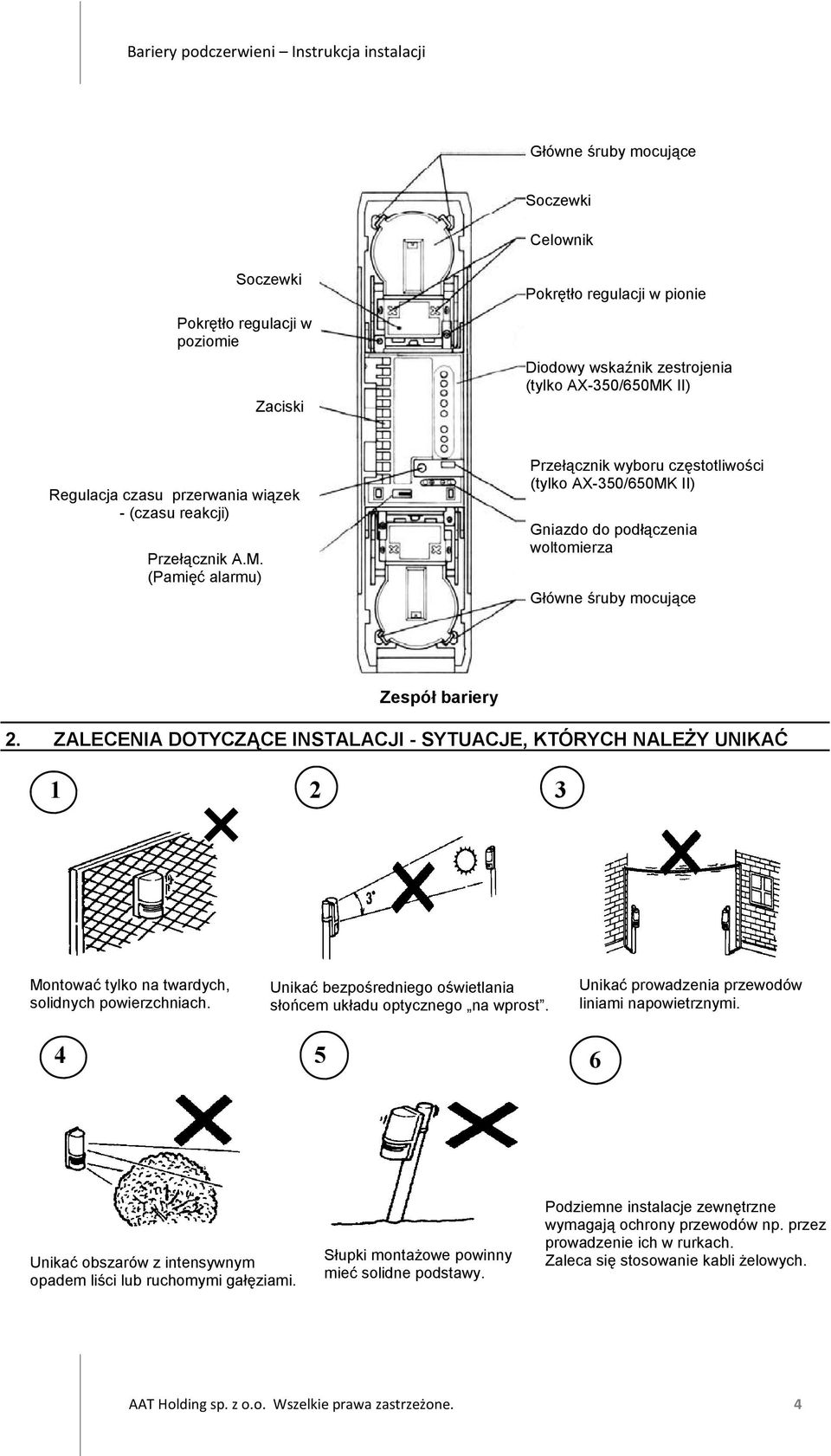 ZALECENIA DOTYCZĄCE INSTALACJI - SYTUACJE, KTÓRYCH NALEśY UNIKAĆ Montować tylko na twardych, solidnych powierzchniach. Unikać bezpośredniego oświetlania słońcem układu optycznego na wprost.