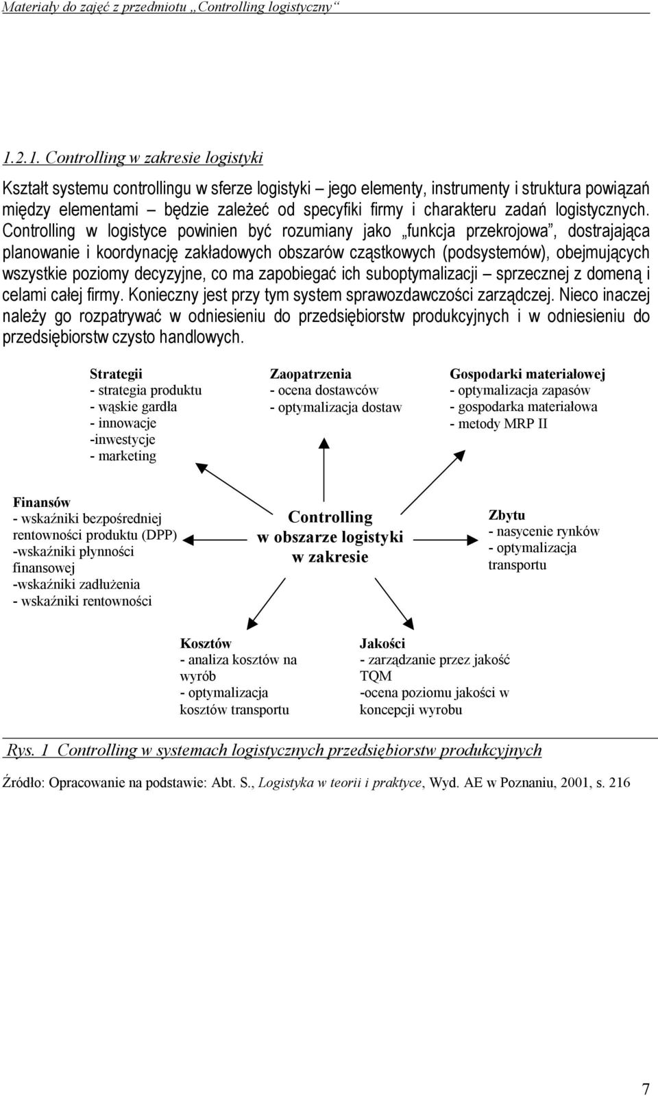 2.1. Controlling w zakresie logistyki Kształt systemu controllingu w sferze logistyki jego elementy, instrumenty i struktura powiązań między elementami będzie zależeć od specyfiki firmy i charakteru