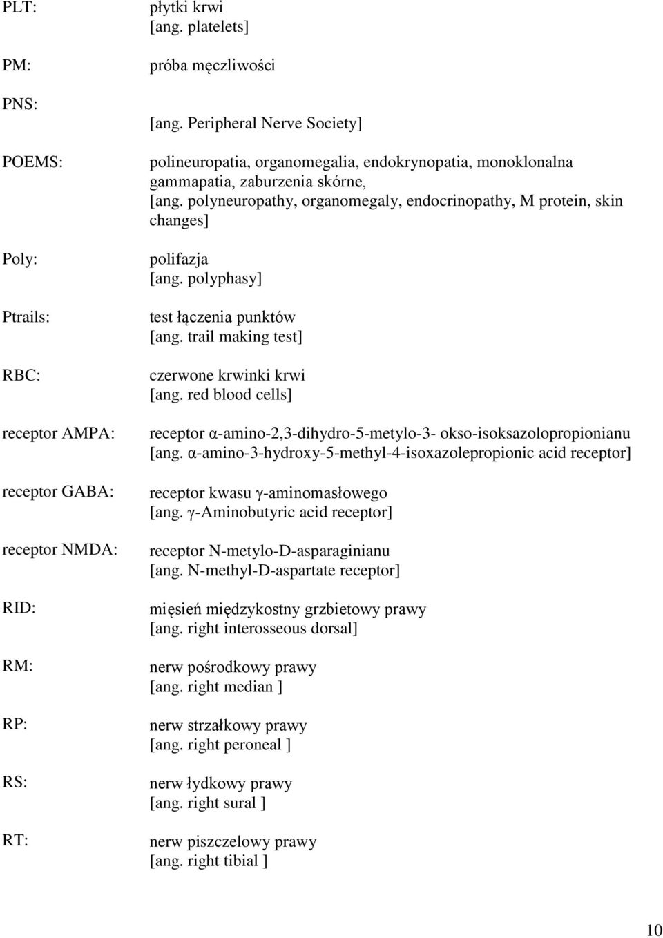 polyneuropathy, organomegaly, endocrinopathy, M protein, skin changes] polifazja [ang. polyphasy] test łączenia punktów [ang. trail making test] czerwone krwinki krwi [ang.