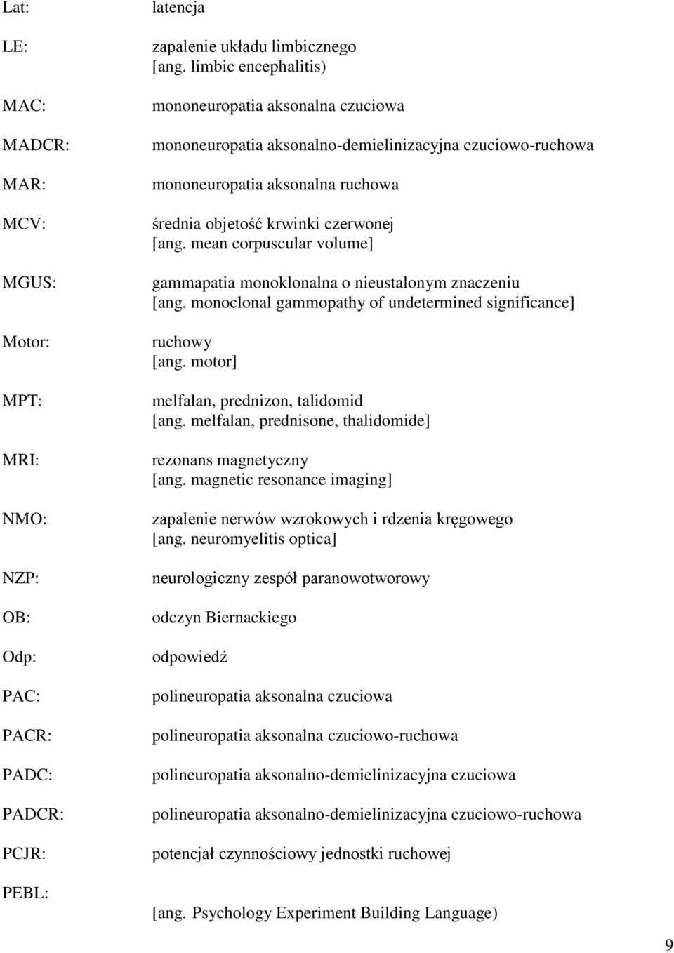 mean corpuscular volume] gammapatia monoklonalna o nieustalonym znaczeniu [ang. monoclonal gammopathy of undetermined significance] ruchowy [ang. motor] melfalan, prednizon, talidomid [ang.