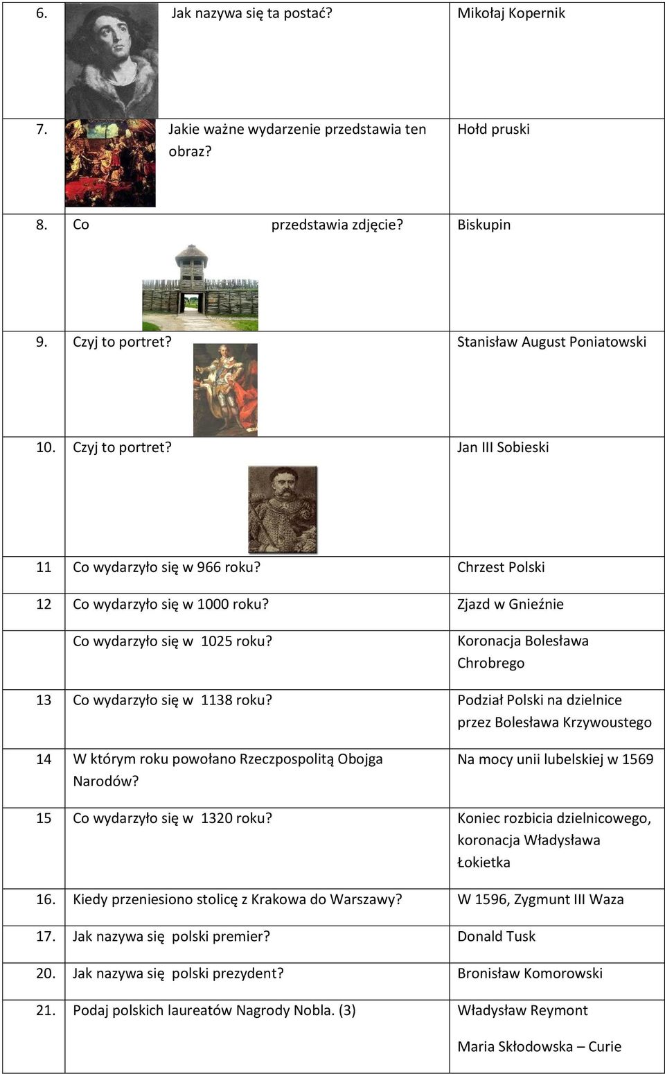 Koronacja Bolesława Chrobrego 13 Co wydarzyło się w 1138 roku? Podział Polski na dzielnice przez Bolesława Krzywoustego 14 W którym roku powołano Rzeczpospolitą Obojga Narodów?