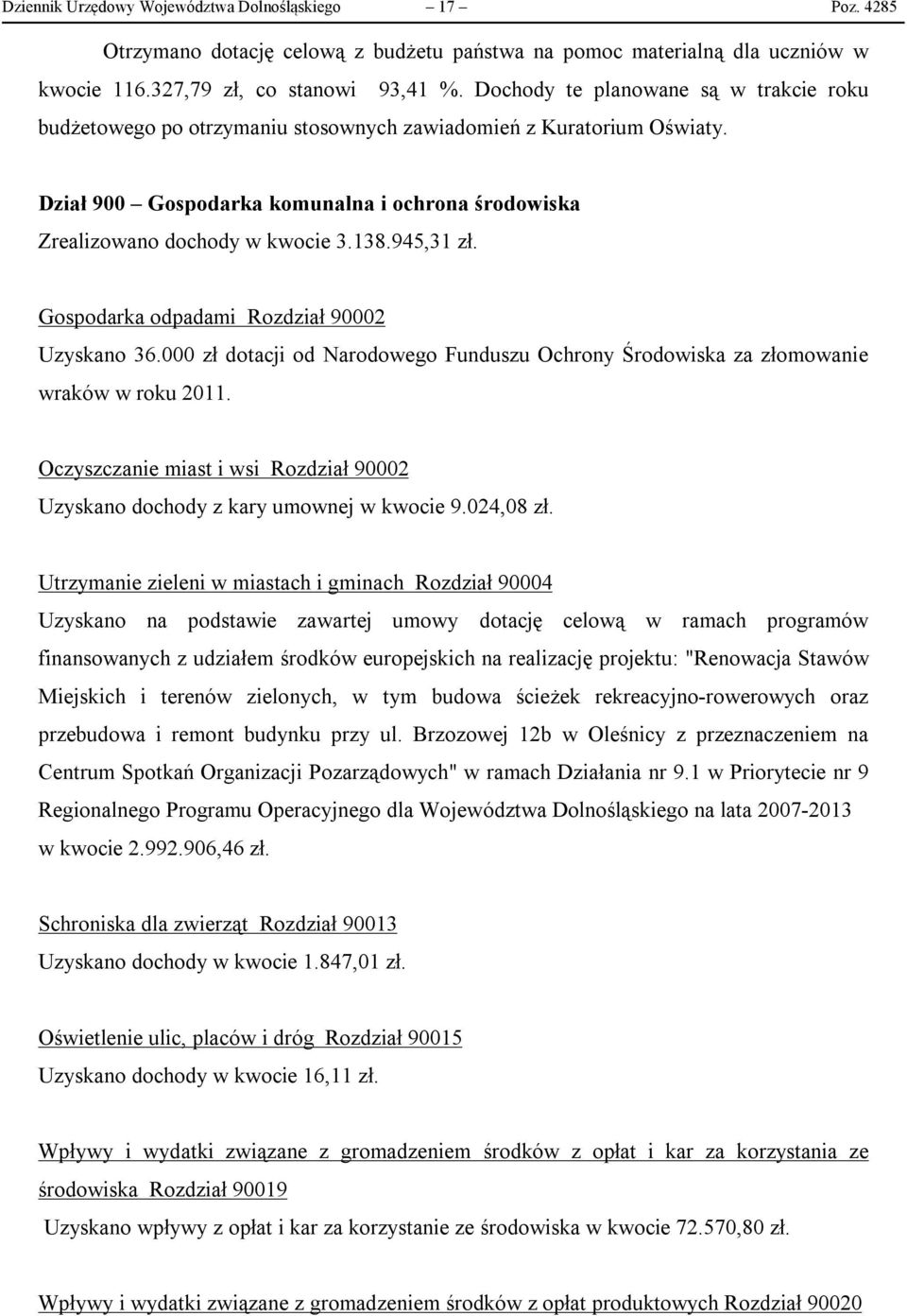 945,31 zł. Gospodarka odpadami Rozdział 90002 Uzyskano 36.000 zł dotacji od Narodowego Funduszu Ochrony Środowiska za złomowanie wraków w roku 2011.