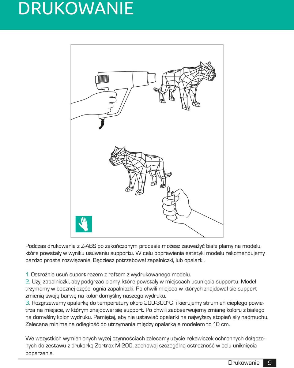 Użyj zapalniczki, aby podgrzać plamy, które powstały w miejscach usunięcia supportu. Model trzymamy w bocznej części ognia zapalniczki.
