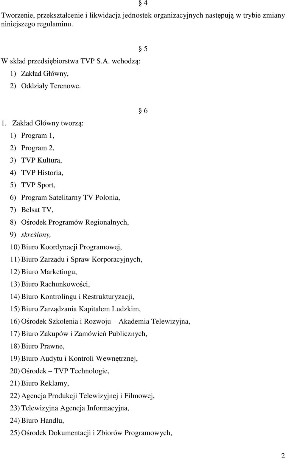 Zakład Główny tworzą: 1) Program 1, 2) Program 2, 3) TVP Kultura, 4) TVP Historia, 5) TVP Sport, 6) Program Satelitarny TV Polonia, 7) Belsat TV, 8) Ośrodek Programów Regionalnych, 9) skreślony, 10)