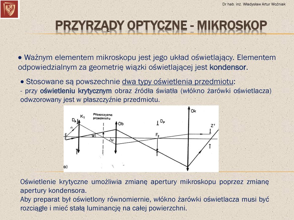 Stosowane są powszechnie dwa typy oświetlenia przedmiotu: - przy oświetleniu krytycznym obraz źródła światła (włókno żarówki oświetlacza)