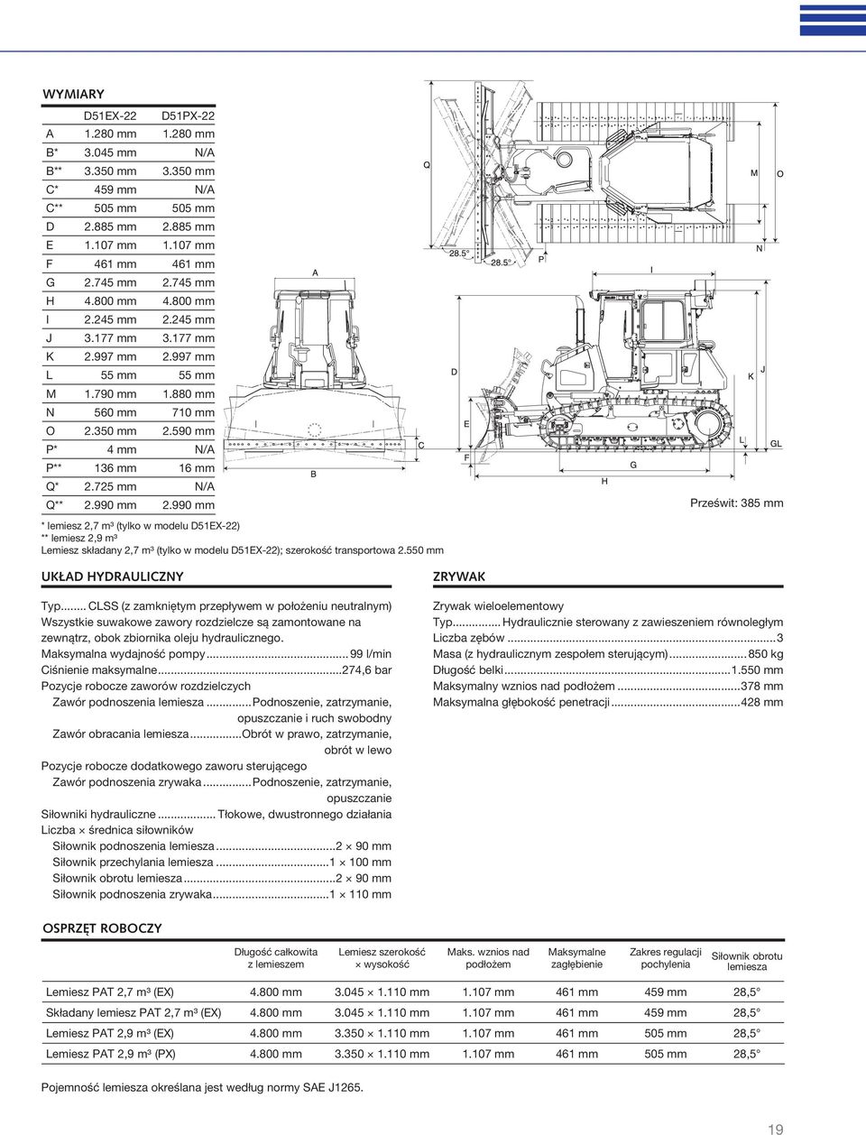 990 mm 2.990 mm * lemiesz 2,7 m³ (tylko w modelu D51EX-22) ** lemiesz 2,9 m³ Lemiesz składany 2,7 m³ (tylko w modelu D51EX-22); szerokość transportowa 2.550 mm Prześwit: 385 mm UKŁAD HYDRAULICZNY Typ.