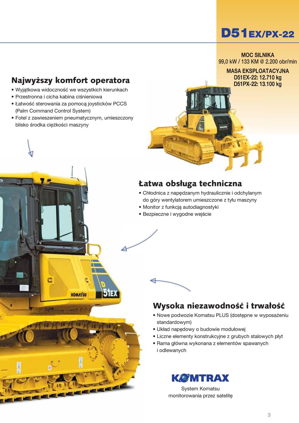 200 obr/min MASA EKSPLOATACYJNA Łatwa obsługa techniczna Chłodnica z napędzanym hydraulicznie i odchylanym do góry wentylatorem umieszczone z tyłu maszyny Monitor z funkcją autodiagnostyki Bezpieczne