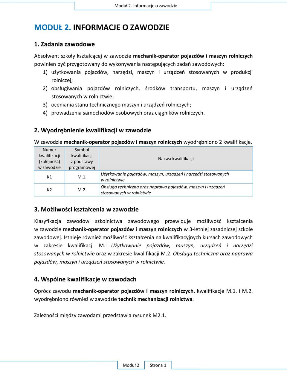 M K a w zawodzie mechanik- w 3-letniej zasadniczej szkole zawodowej I w zakresie kwalifikacji M.1. U stosowanych w rolnictwie oraz w zakresie kwalifikacji M.2.