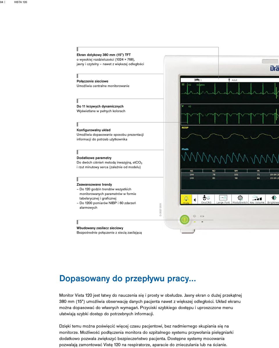 etco 2 i rzut minutowy serca (zależnie od modelu) Zaawansowane trendy Do 120 godzin trendów wszystkich monitorowanych parametrów w formie tabelarycznej i graficznej Do 1200 pomiarów NIBP i 60 zdarzeń