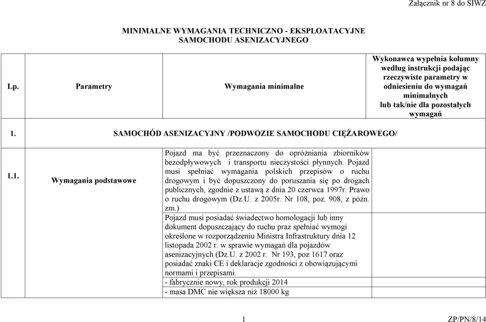 SAMOCHÓD ASENIZACYJNY /PODWOZIE SAMOCHODU CIĘŻAROWEGO/ 1.1. Wymagania podstawowe Pojazd ma być przeznaczony do opróżniania zbiorników bezodpływowych i transportu nieczystości płynnych.