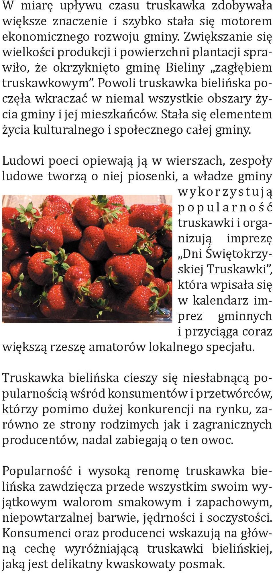 Powoli truskawka bielińska poczęła wkraczać w niemal wszystkie obszary życia gminy i jej mieszkańców. Stała się elementem życia kulturalnego i społecznego całej gminy.