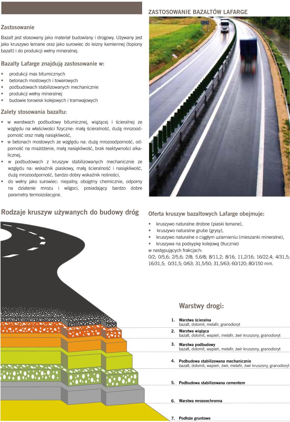 Bazalty Lafarge znajdują zastosowanie w: produkcji mas bitumicznych betonach mostowych i towarowych podbudowach stabilizowanych mechanicznie produkcji wełny mineralnej budowie torowisk kolejowych i