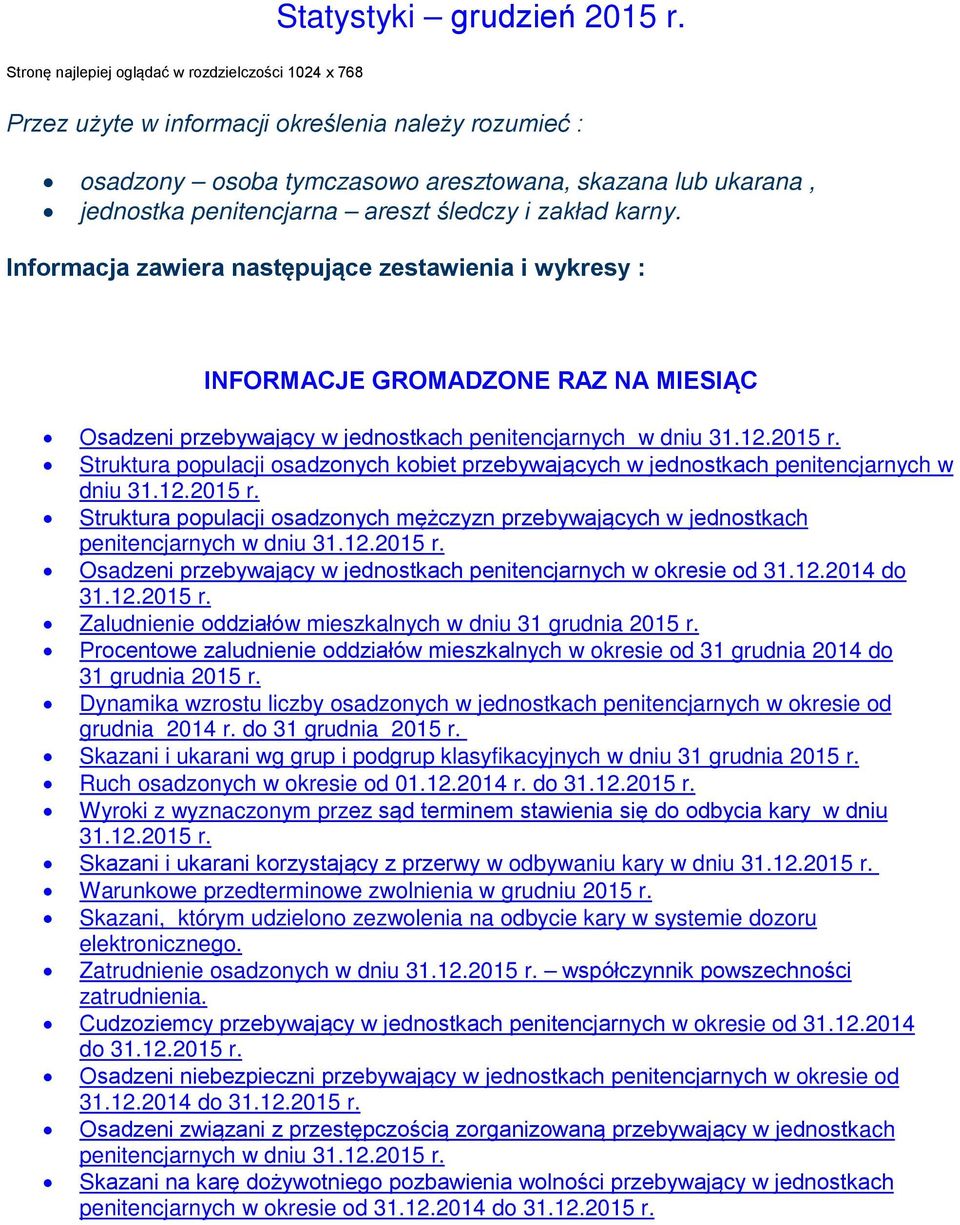 śledczy i zakład karny. Informacja zawiera następujące zestawienia i wykresy : INFORMACJE GROMADZONE RAZ NA MIESIĄC Osadzeni przebywający w jednostkach penitencjarnych w dniu 31.12.2015 r.