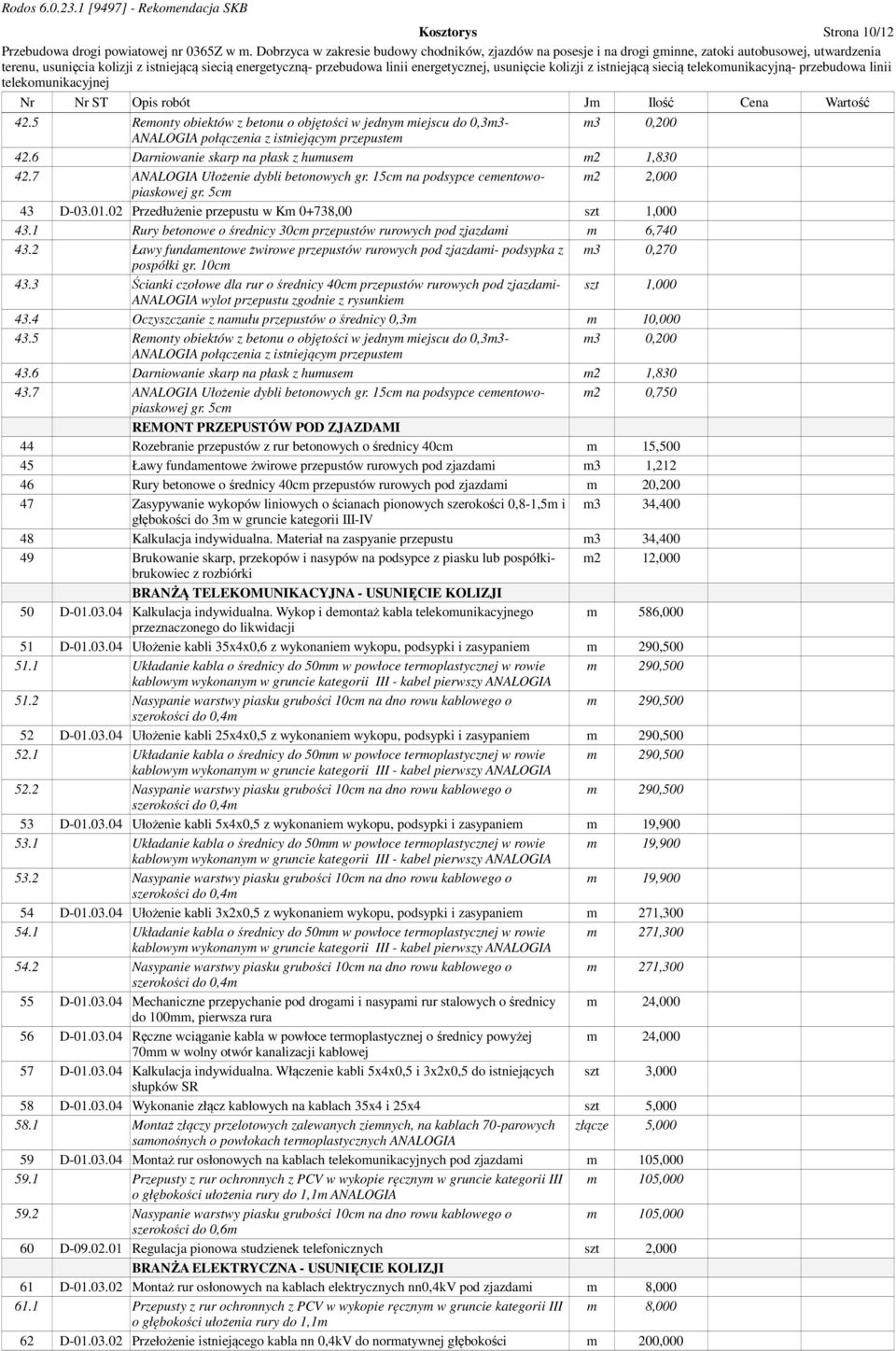 02 Przedłużenie przepustu w Km 0+738,00 szt 1,000 43.1 Rury betonowe o średnicy 30cm przepustów rurowych pod zjazdami m 6,740 43.