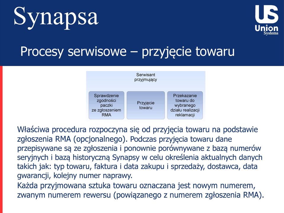 Podczas przyjęcia towaru dane przepisywane są ze zgłoszenia i ponownie porównywane z bazą numerów seryjnych i bazą historyczną Synapsy w celu określenia aktualnych