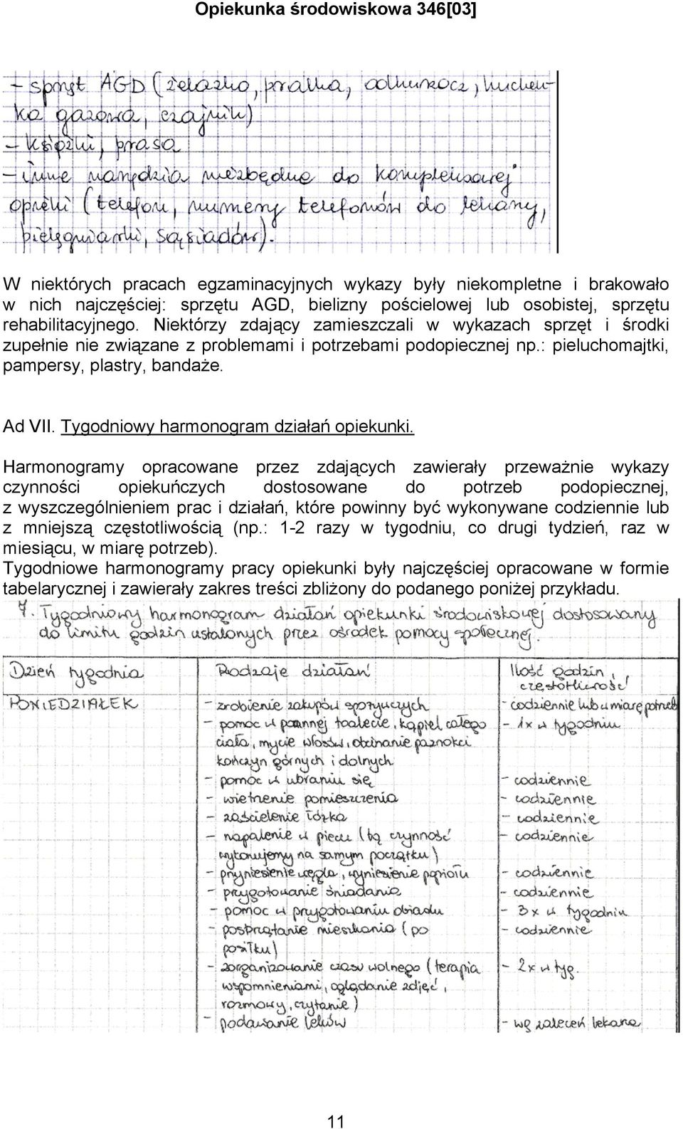 Tygodniowy harmonogram działań opiekunki.