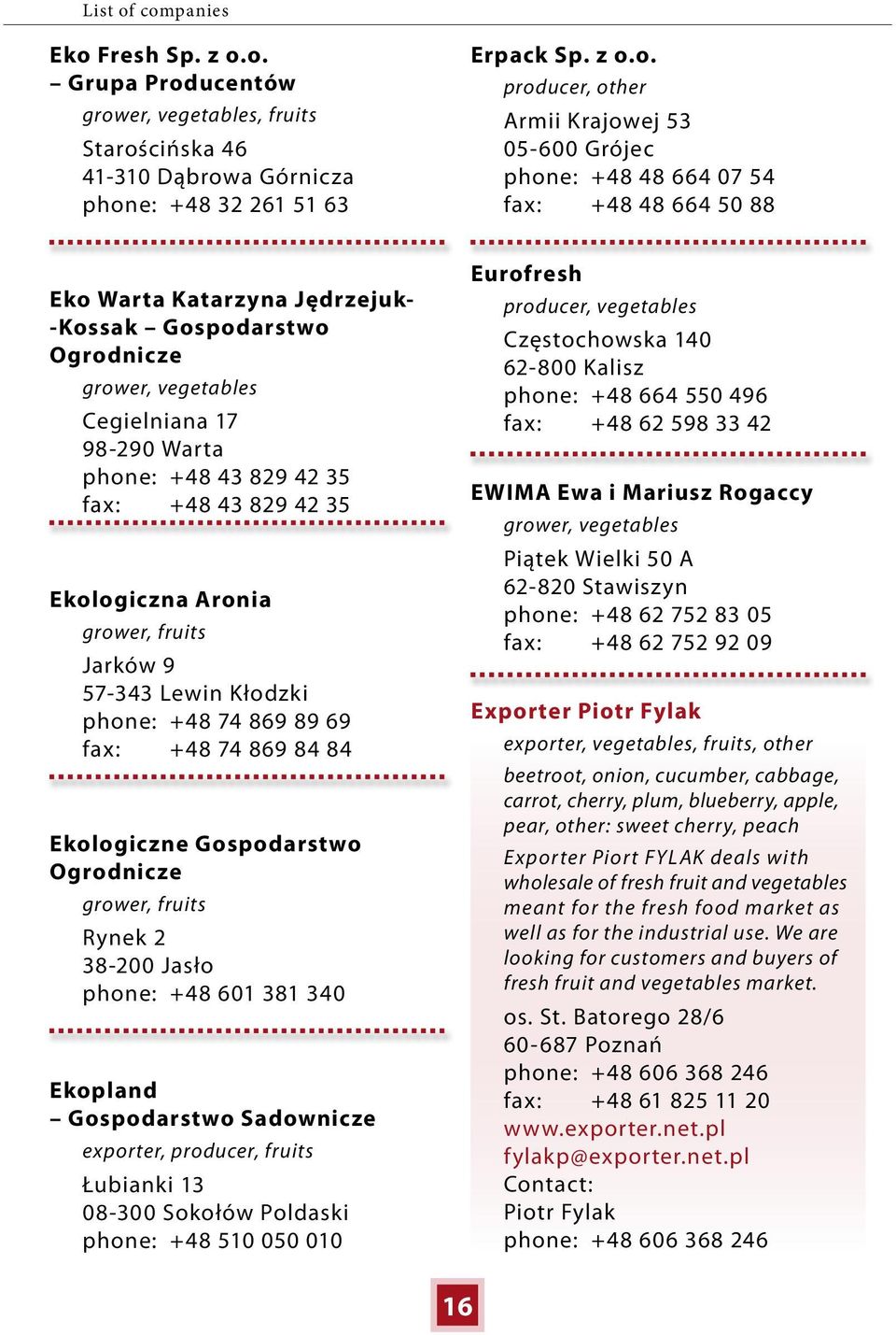 Jarków 9 57-343 Lewin Kłodzki phone: +48 74 869 89 69 fax: +48 74 869 84 84 Ekologiczne Gospodarstwo Ogrodnicze grower, fruits Rynek 2 38-200 Jasło phone: +48 601 381 340 Ekopland Gospodarstwo