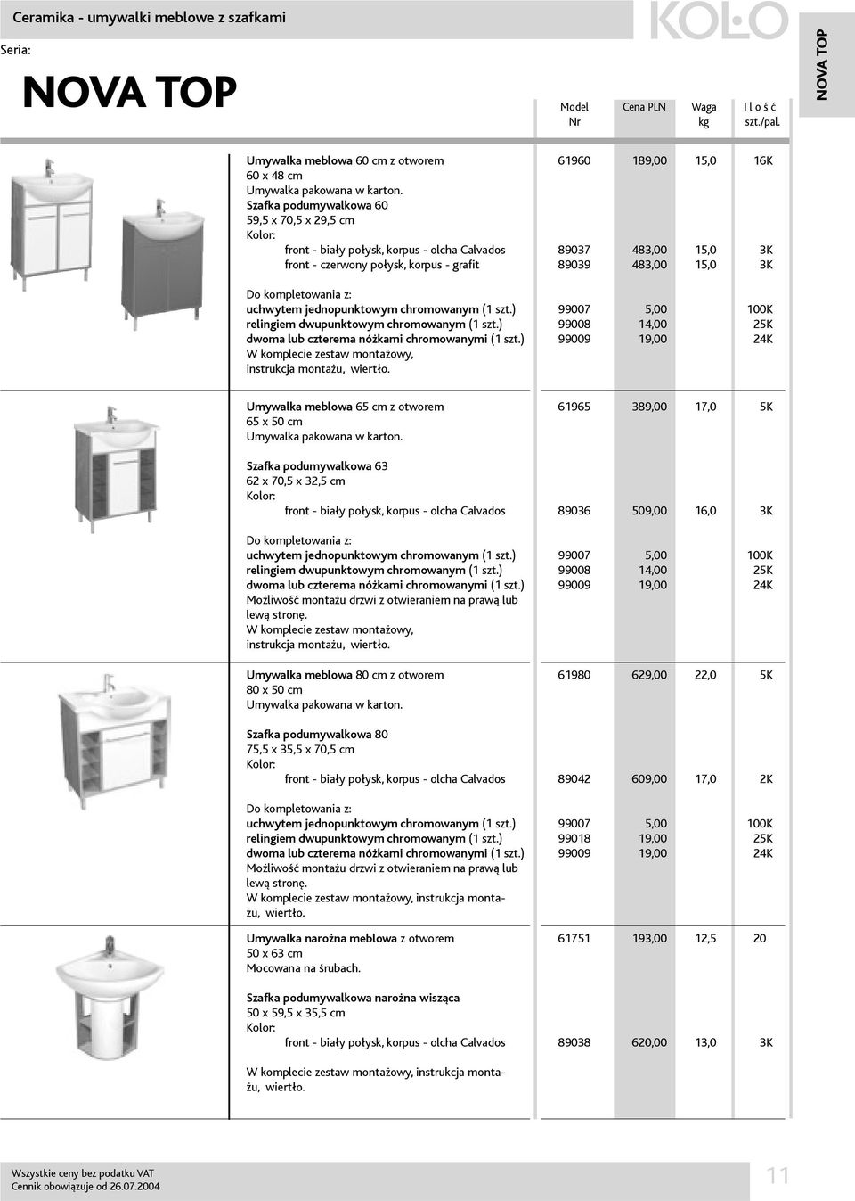 kompletowania z: uchwytem jednopunktowym chromowanym (1 szt.) relingiem dwupunktowym chromowanym (1 szt.) dwoma lub czterema nóżkami chromowanymi (1 szt.